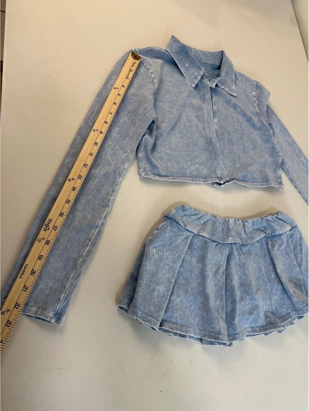 Light Blue Two-Piece Corduroy Crop Jacket and Pleated Skirt Set S/M